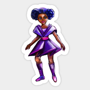 Anime girl with two puffs. Back lit. Black afro anime girl in purple from outer space ! beautiful  black girl with Braided hair, blue eyes, Cherry pink lips and dark brown skin. Hair love ! Sticker